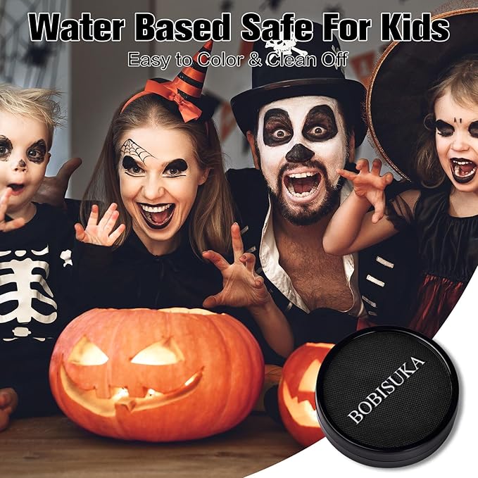 BOBISUKA Black Face Body Paint, Water-Based Face Painting Kit & Body Paints, Kids Adults Facepaint for Halloween Clown Goth Skeleton Skull SFX Makeup, Costume Cosplay Party Art Theater & Stage