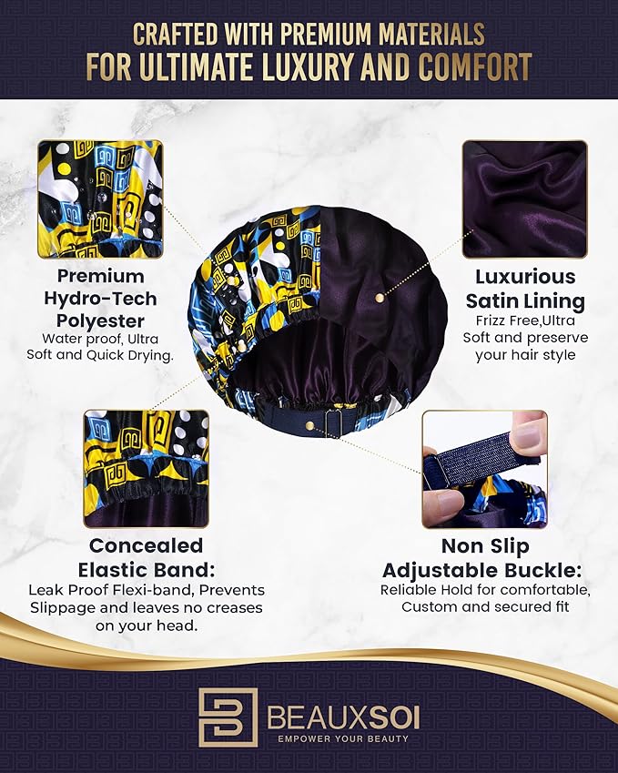Luxury Reusable Waterproof Shower Cap for Women - Satin Lined, Adjustable - Keeps Hair Dry, Durable Hair Bonnet by BEAUXSOI (African Majesty)