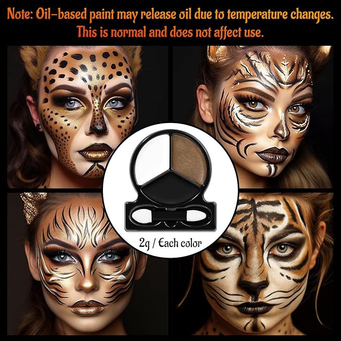 Black White Metallic Brown Face Body Paint with Applicator, Oil Based Face Painting kit for Halloween Leopard, Tiger, Cheetah, Cat Makeup, Cosplay, Costume, Theme Parties, Dress Up