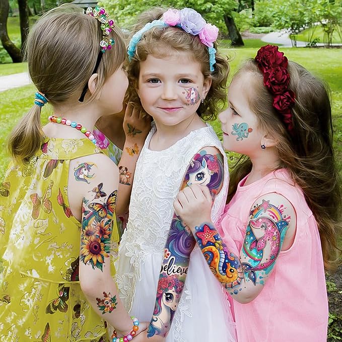 52 Sheets Temporary Tattoos for Kids, Full Arm Sleeve Fake Tattoos for Boys Girls Birthday Party Favors, Waterproof Tattoos with Unicorn Lion Tiger Shark Butterfly Dinosaurs Patterns