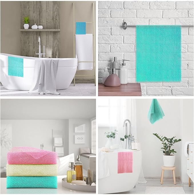 UJFQBH 3 Pieces African Net Sponge, African exfoliating net African Net Long Net Bath Sponge Exfoliating Shower Body Scrubber Back Scrubber Skin Smoother（Pink, Green, Off-White）