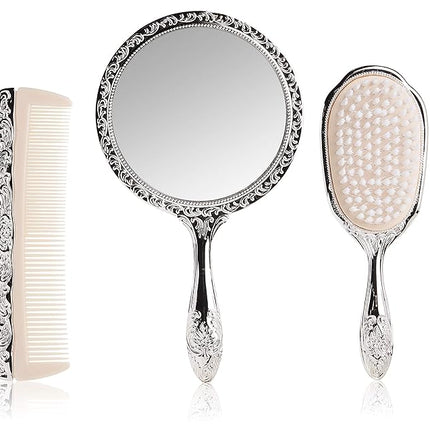 3 pc Silver Chrome Girls Vanity Set Comb Brush Mirror.