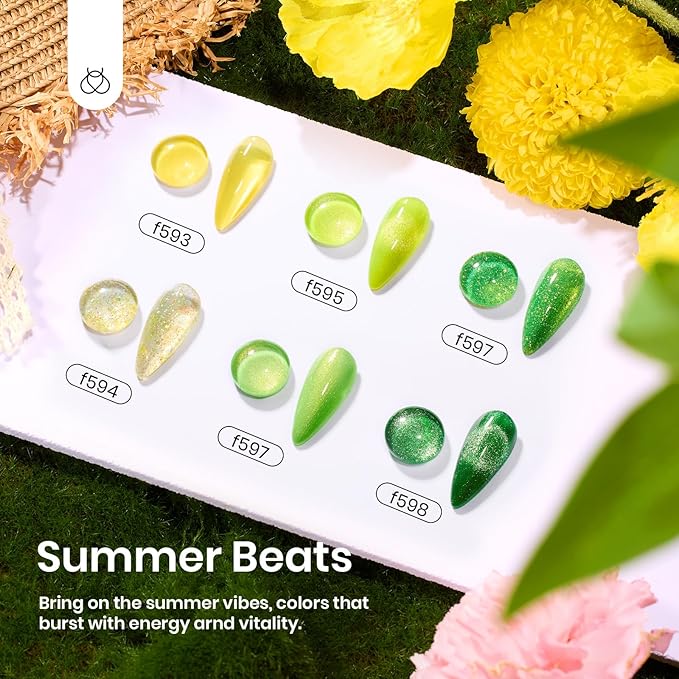 Beetles Green Halloween Gel Nail Polish Set, Fall Gel Polish Nail Kit 6 Colors Yellow Glitter Cat Eye Jelly with Cat Eye Magnet Gifts for Women DIY Manicure Art Summer Beats