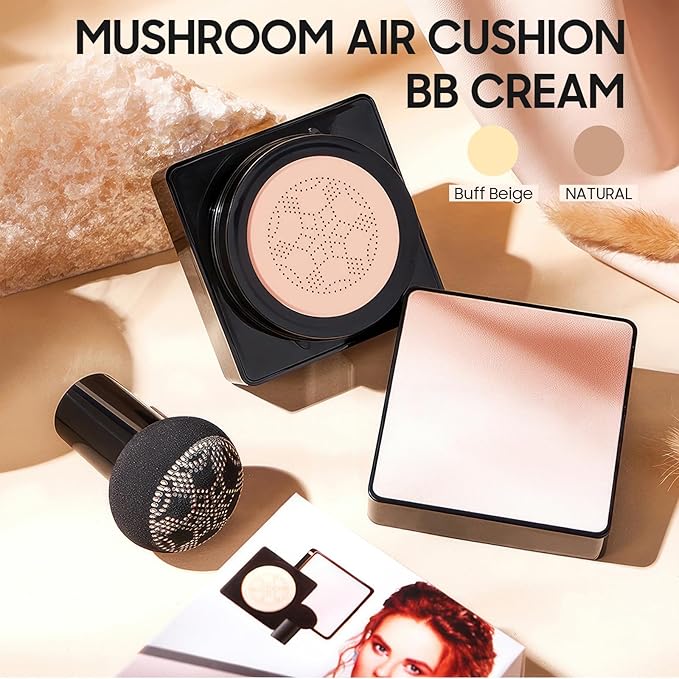 Air Cushion CC Cream - Long-Lasting Brightening Mushroom Head BB Cream Foundation for Face Makeup, Moisturizing Full Coverage Self Adjusting Concealer for Even Skin Tone (Natural, 1 PCS)