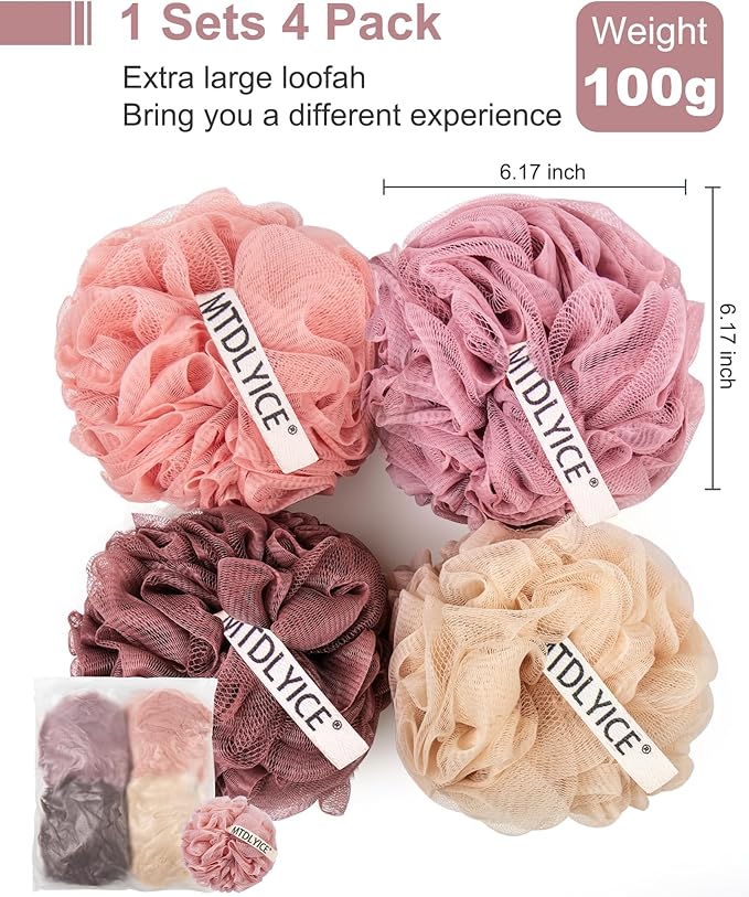 Loofah Sponge, XXL Large Loofah 100g 4 Pack, Bath Sponge Soft Mesh Shower for Men, Body Scrub, Shower Pouf Bath Accessories, for Body Wash, Soap (Red Soil)