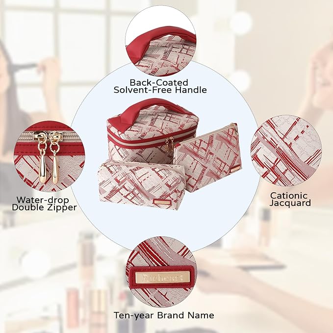 Richeart 3PC Makeup Bag Set, Cationic Jacquard Large Cosmetic Organizer, Back-Coated Solvent-Free Travel Toiletry Bag for Women - Red