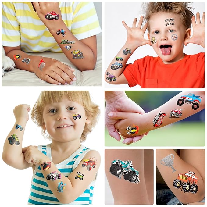 75PCS Toddler Tattoos Hot Wheel Birthday Decorations Hot Wheels Party Favors, Kids Tattoos Temporary for Boys Monster Truck Tattoo Halloween Tattoo Racing Car Flag Stickers