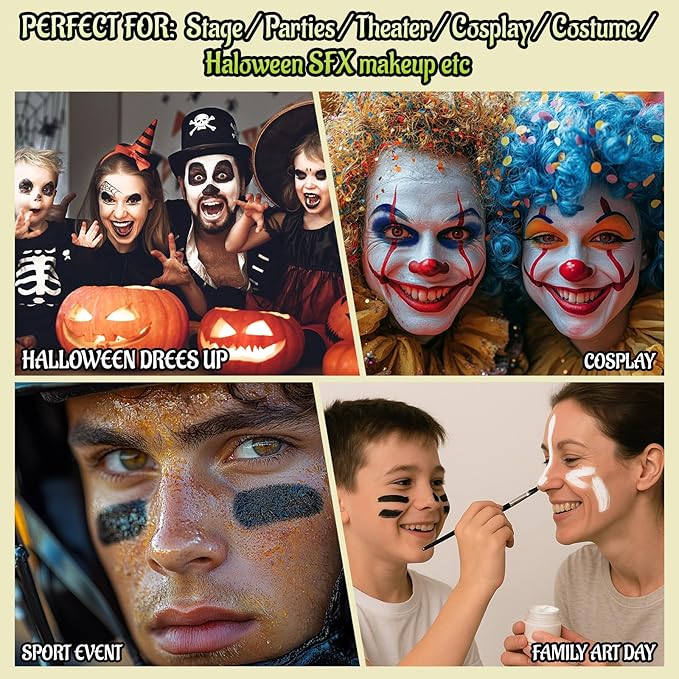 Black White Ogre Green Face Body Paint with Applicator, Oil Based Face Painting Kit for Halloween Green Monster, Frankenstein, Alien, Evil Creature Makeup, SFX Cosplay, Costume Parties, Dress Up