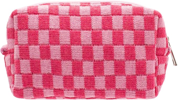PAZIMIIK Checkered Makeup Bag for Purse Portable Zipper Make Up Pouch Small Cosmetic Case for Travel Accessories (Hotpink)