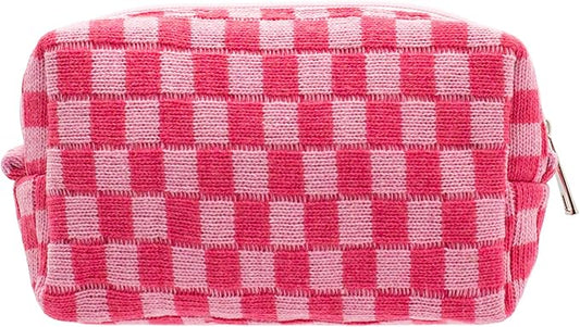 PAZIMIIK Checkered Makeup Bag for Purse Portable Zipper Make Up Pouch Small Cosmetic Case for Travel Accessories (Hotpink)