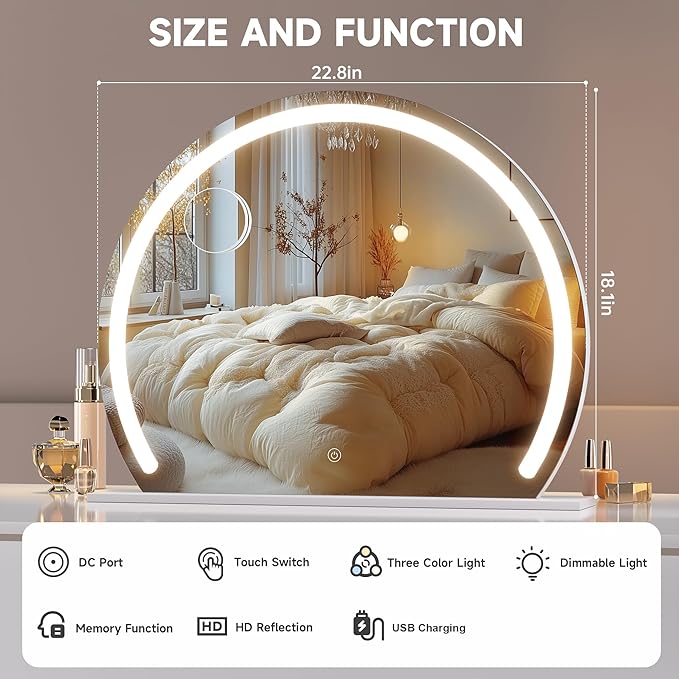 Hasipu Vanity Mirror with Lights, 22.8" x 18.1" LED Makeup Mirror, Lighted Makeup Mirror with Lights, Smart Touch Control 3 Colors Dimmable Mirror 360°Rotation USB Port White