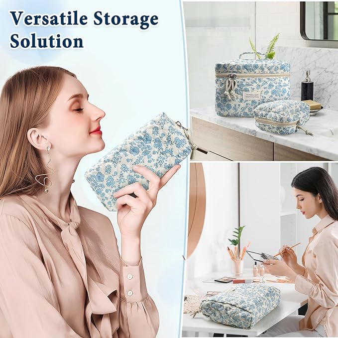 VIWIME Makeup Cosmetic Bag, Large Cotton Quilted Travel Coquette Aesthetic Cute Floral Make up Bag for Women Toiletry Bag Organizer (205- Sky Blue/ 4Pcs)