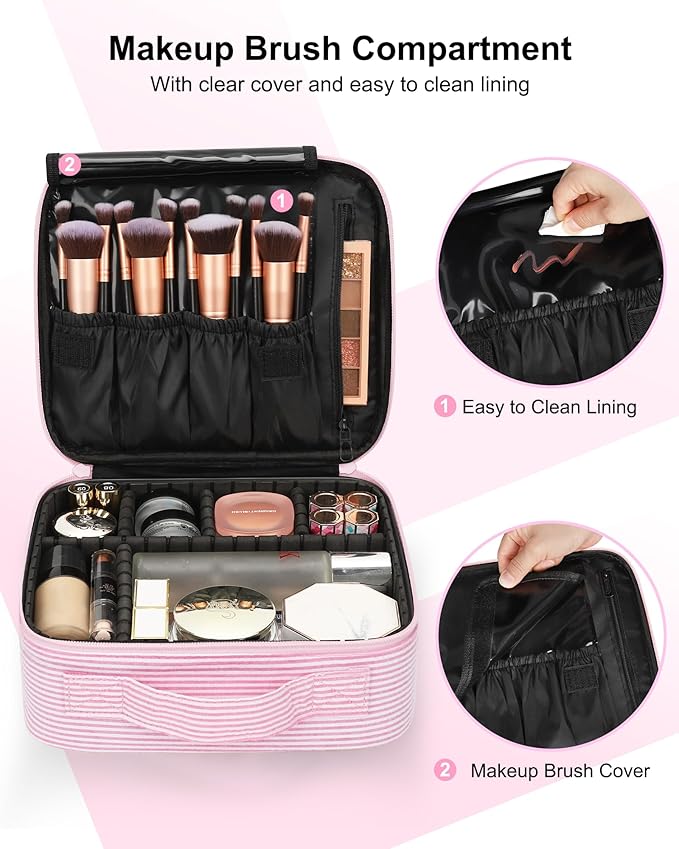 Relavel Travel Makeup Train Case, Portable Cosmetic Case Makeup Organizer, Professional Artist Storage Bag with Adjustable Dividers for Cosmetics Brushes, Birthday Gifts for Girls, Pink Stripe