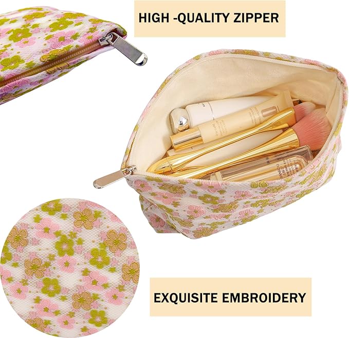 2 Pcs Makeup Bags, Large Cosmetic Bag Travel Toiletry Bag Organizer for Women, Embroidery Craft, Floral Makeup Bag Small Cosmetic Pouch Purse with Zipper Gifts for Girls Teen