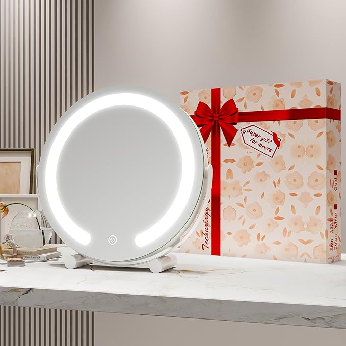 Vanity Mirror with Lights, 12 Inch Light Up Makeup Mirror, LED Makeup Mirror with Lights for Bedroom Tabletop, Smart Touch Control 3 Colors Dimmable, 360° Rotation, White
