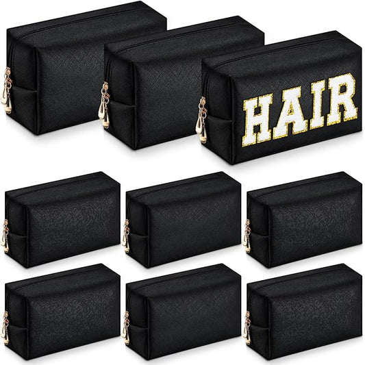 Sanwuta 9 Pcs Makeup Bags Bulk PU Double Zippers Cosmetic Bag Makeup Toiletry Pouch Portable Travel Organizers Case for Women Bachelorette Party End of The Year Bridesmaid Gift(Black)