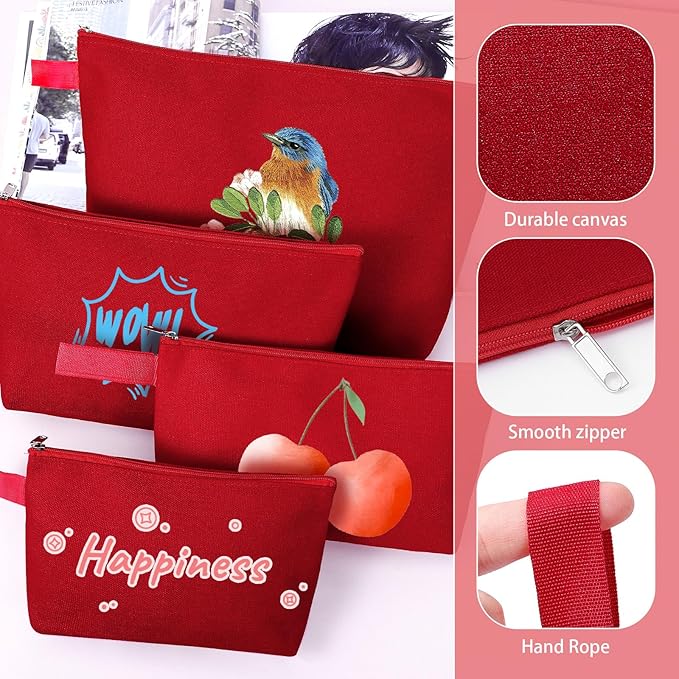 10 Pieces Cotton Canvas Makeup Bag with Bottom and Strap, Multi-Purpose Cosmetic Bag with Zipper Travel Toiletry Pouch, Blank DIY Craft Bag (Red, L)