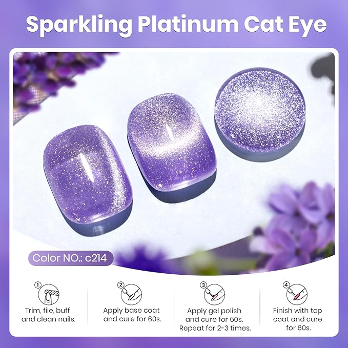 Beetles Purple Cat Eye Gel Polish, 15ML Purple Cat Eye Glitter Gel Polish with Magnet Soak Off UV Shimmer Velvet Gel Twilight Lavender Series French Nail Art Design Manicure Gifts for Women