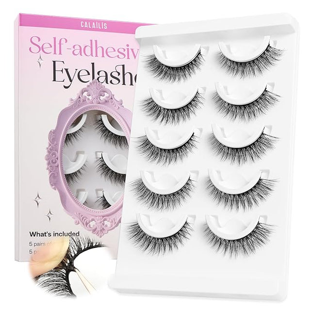 CALAILIS Self Adhesive Eyelashes 5 Pairs Natural Look Press On Lashes No Glue Need Eyelashes Reusable Cat Eye Wispy Self-adhesive False Lashes with Replacement Adhesive Strips (CX53)