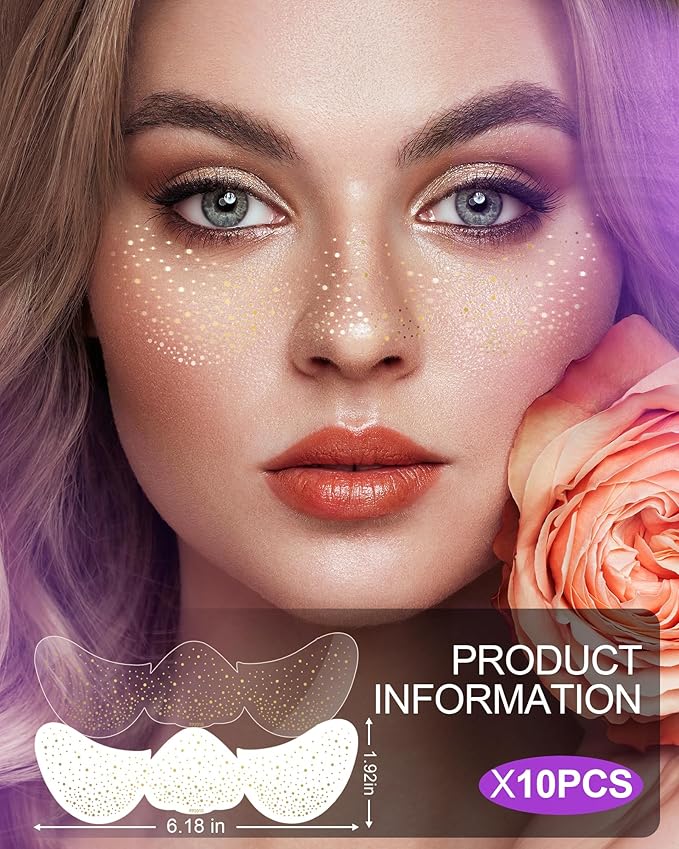 Face Glitter Freckles, Gold Face Tattoo Makeup Patches, Speckles Sparkle Beauty Waterproof Fake Freckle for Holiday Dance Music Party Makeup - 10 Count