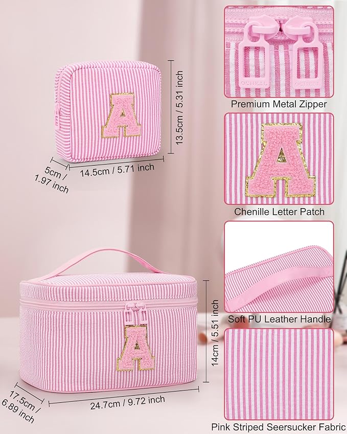MONSTINA Cute Makeup Bag for Girls&Women Personalized Initial Toiletry Bag,Make Up Case for 11 12 13 14 15 16 Years Old Teen Girls Gift Trendy Stuff Birthday Gift for Her,2PCS Pink B
