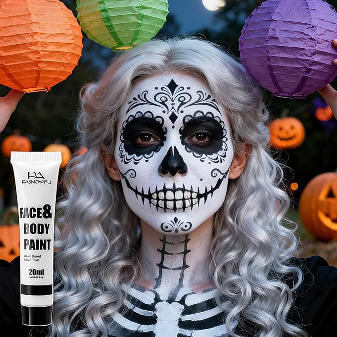 White Face Paint - Professional Water-Based Non-Toxic Body Painting for Skeleton Vampire Clown Halloween SFX Cosplay, Cream Formula Washable paint for Costume Party Theater Stage Performance