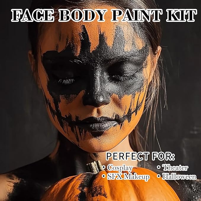 Black Orange Face Body Paint 1.01 oz/pc with 2 Sponges,Water Based Face Paint Kit for Clown Tiger Vampire Pumpkin Cosplay Makeup,Halloween SFX Makeup Cream Face Painting for Kids,2.02 oz