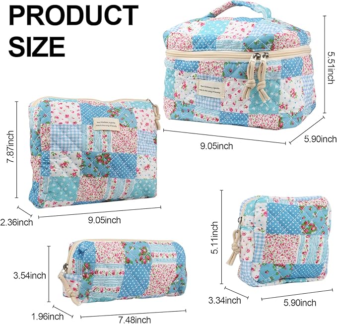 VIWIME Makeup Cosmetic Bag, Large Cotton Quilted Travel Coquette Aesthetic Cute Floral Make up Bag for Women Toiletry Bag Organizer(Grid Rose/4Pcs)