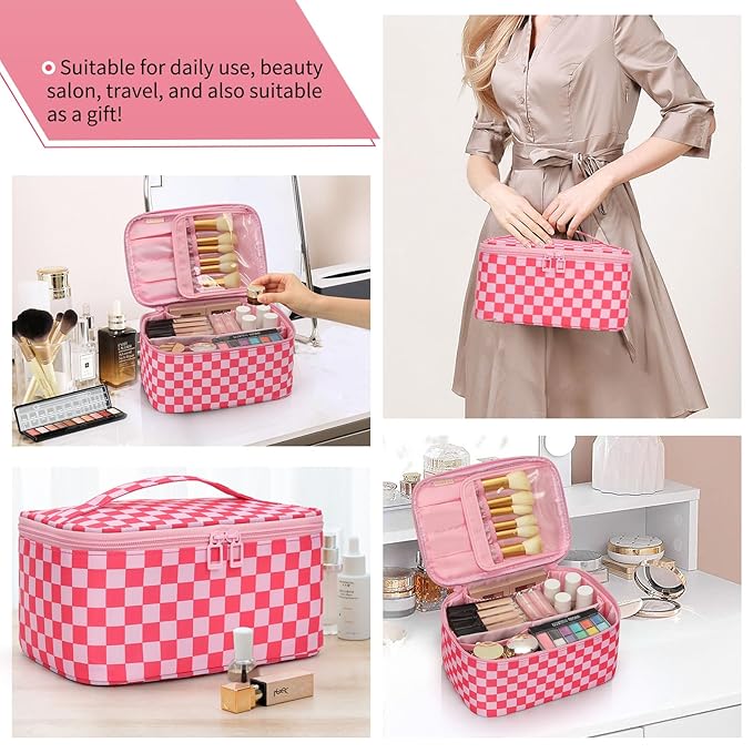 OCHEAL Makeup Bag Portable Cosmetic Bag For Women, Large Capacity Travel Makeup Case Organizer, Toiletry Bag for Girls Traveling With Handle and Divider-Pink