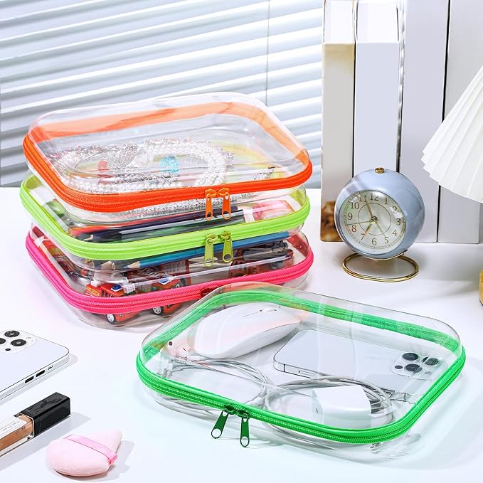Hoolerry 4 Pcs Hard Clear Zipper Case Makeup Bags Plastic Pencil Pouch Transparent Storage Box Containers for Cosmetics, Snacks, Building Blocks, Puzzles(Fluorescent,9.8 x 7.9 x 2 in)