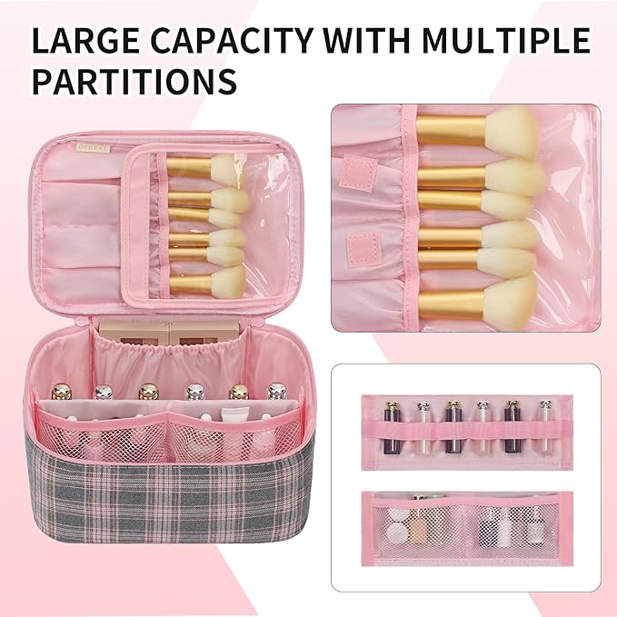 OCHEAL Makeup Bag for Women - Travel Cosmetic Organizer with Brush Slot & Divider, Large Capacity Toiletry Bag for Girls, Travel Makeup Case for everyday Make up Accessories -Pink Plaid