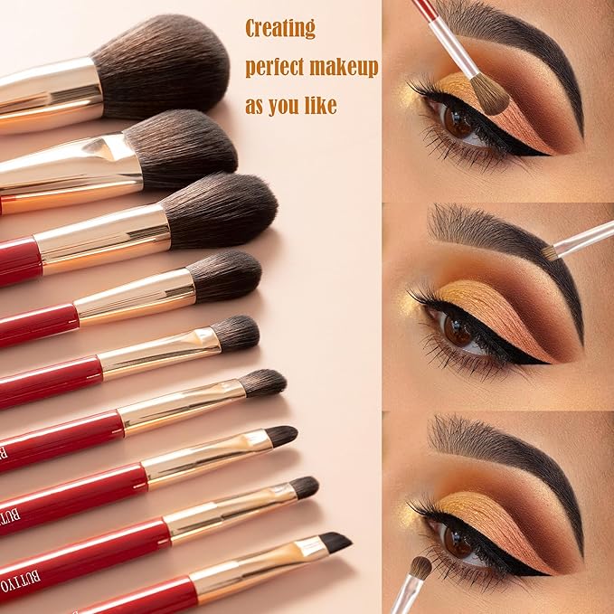 Makeup Brushes Set BUTIYO Synthetic Foundation Powder Concealers Eye shadows Blush Makeup Brushes with red 12 pcs (FB021)