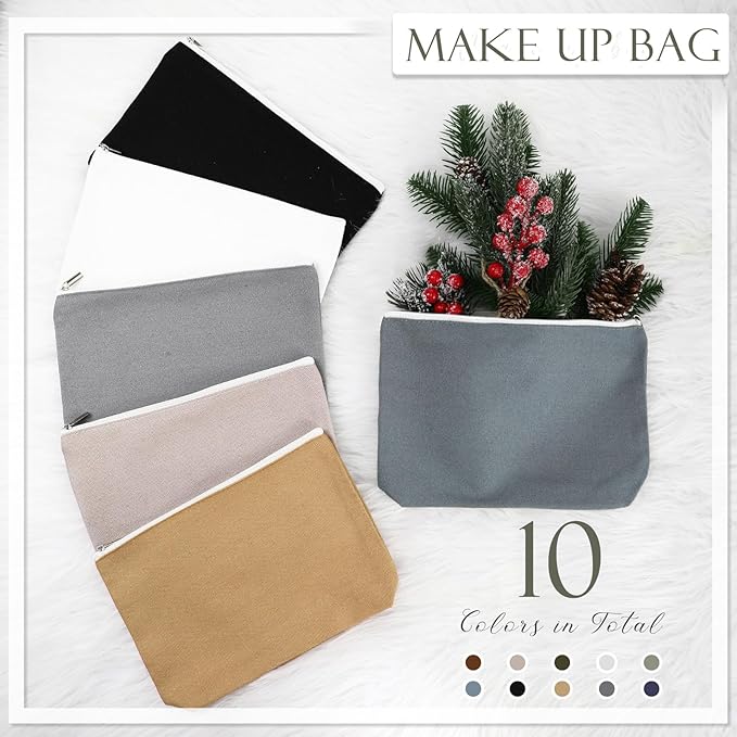 Reginary 10 Pcs Canvas Makeup Bags Bulk for Women Blank DIY Pencil Pouch Travel Toiletry Cosmetics Bags Gift for Christmas Breast Cancer Awareness Thanksgiving Wedding Nurses Teacher(Plain Color)