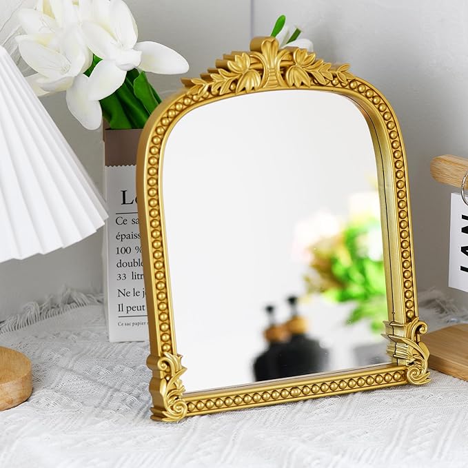 Gold Plastic Arched Makeup Mirror, Standing, Hanging or Wall Mount, Bathroom, Living Room, Bedroom Gold Decorative Mirror (10.6 * 8.6 inch)