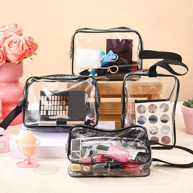 Silkfly Clear Toiletry Bag PVC Travel Cosmetic Bag with Handle Strap Makeup Pouch with Zipper Summer Vacation Salon Graduation Gift End of the Year Gifts(Black,50 Pack)