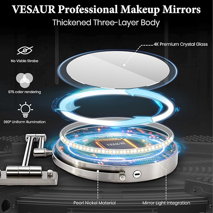 9" Large 15X Rechargeable Wall Mounted Lighted Makeup Mirror Nickel, 5000mAh HD Magnifying Mirror with 3 Color Bright Lights Touch Screen Dimmable, 17" Extendable 360° Swivel Bathroom Vanity Mirror