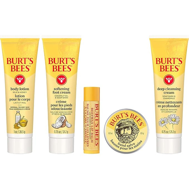 Burt's Bees Valentine's Day Gift Ideas - Essentials Everyday Set, 5 Travel Size Products - Deep Cleansing Cream, Hand Salve, Body Lotion, Foot Cream and Original Lip Balm