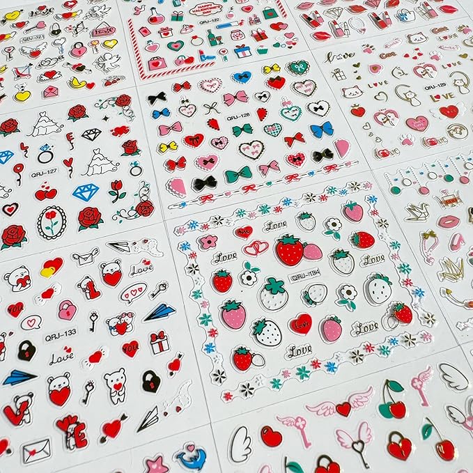 30 Sheets Heart Valentine Nail Art Stickers Decals 3D Self-Adhesive Pegatinas Uñas Red Heart Nail Decals Red Lips Rose Nail Supplies for DIY Acrylic Nail Art Decoration for Women and Girls
