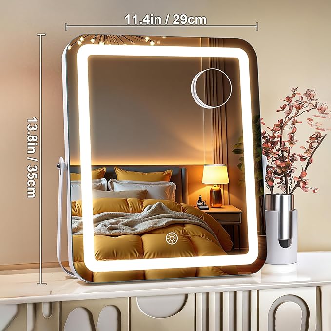 MINISO Vanity Mirror with Lights,11.4" x 14" LED Makeup Mirror, Light & Brightness Adjustment, Smart Sensor, 360°Rotation, Aluminum Alloy Metal White Frame, with 5X Magnifying Glass
