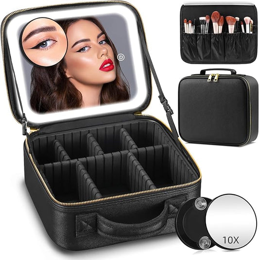 Lighted Travel Makeup Bag - 3 Colors, Mirror, 2-Layer Organizer with 10X Magnifying Mirror - Portable Cosmetic Case with Adjustable Dividers (Black)