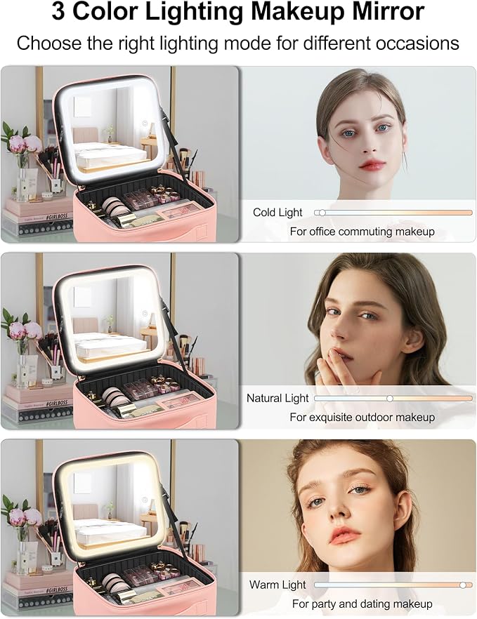 Chomeiu Makeup Bag with LED Mirror, Cute Cosmetic Bags Birthday Gifts for Girls Women, Makeup Train Case Artists Organizer Large Make Up Bags with Light Up Mirror 3 Color Lights, Pink 2