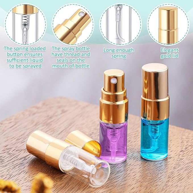 Zhehao 200 Pcs Mini Spray Bottles 2 ml Clear Glass Perfume Bottles Refillable Fine Mist Perfume Atomizer Portable Empty Sample Containers for Cleaning, Essential Oils, Travel (Gold Cap)