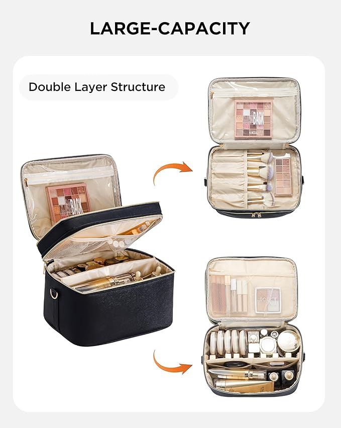 Makeup Bag for Women XL-Large Travel Makeup Bag Organizer Portable Toiletry Bag Cute Makeup Bags Waterproof Leather Cosmetic Bag Makeup Case with Removable Dividers, Black