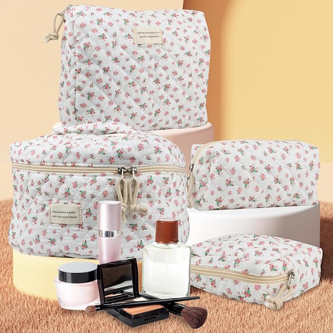 VIWIME Makeup Cosmetic Bag, Large Cotton Quilted Travel Coquette Aesthetic Cute Floral Make up Bag for Women Toiletry Bag Organizer(Red Rose/4Pcs)