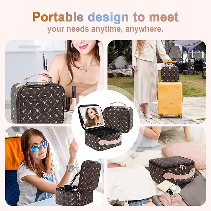 Travel Makeup Bag With 360° rotating LED Mirror,Waterproof cosmetic organizer,Portability Cosmetic case,Makeup organizer,Gift for Women,Girls Gift (Coffee + Pink)