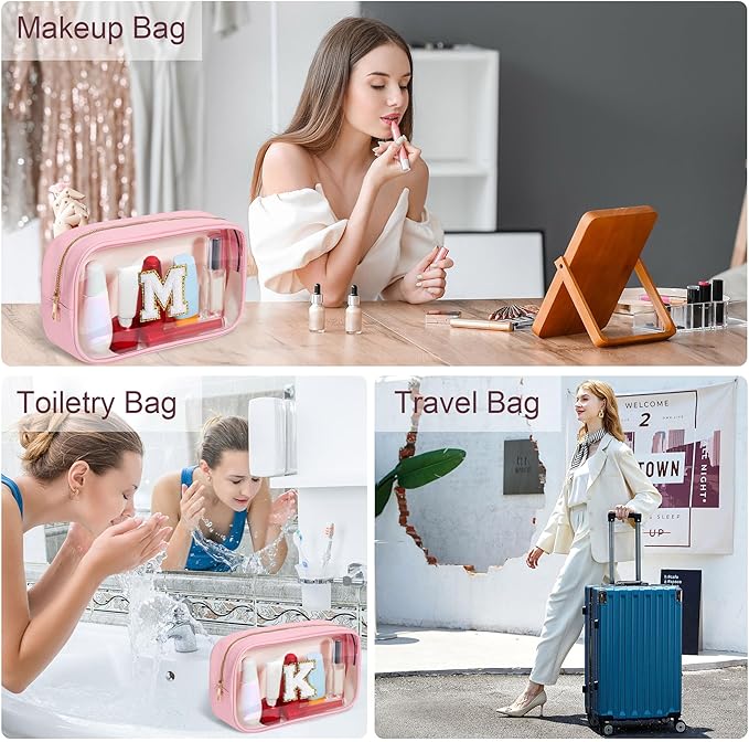 YOOLIFE Travel Toiletry Bag for Women, Pink Clear Makeup Bag Cute Make Up Bag for Women Cosmetic Bags Skin Care Makeup Bag Organizer Birthday Gifts for Women Teacher Mother Girlfriend Initial P