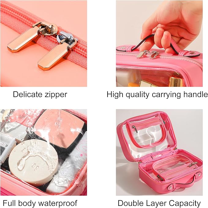 Veki Transparent Makeup Bag Travel Cosmetic Bags Case Waterproof Toiletries Bag Large Capacity Open Storage Bags Organizer With Zipper, Portable Make Up Organizer for Women and Girls