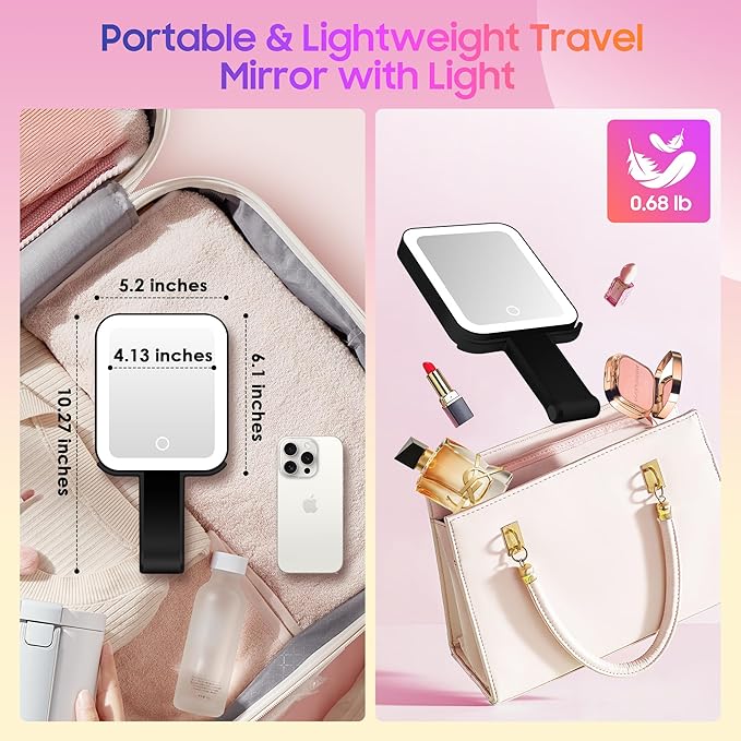 Magnifying Travel Mirror with Light, 30X/1X Double-Sided Magnifying Mirror with 3 Color Lights, Brightness Adjustable, Foldable Handheld Makeup Mirrors Portable for Travel and Desktop Use