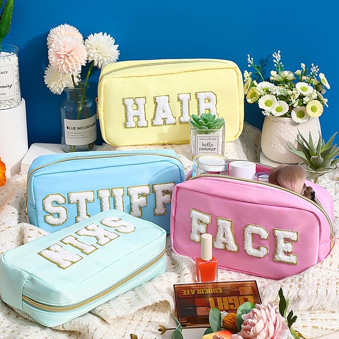 Cunno 4 Pcs Preppy Makeup Bags Chenille Letter Stuff Bag Nylon Cosmetic Pouch Cases with Zipper for Women Travel Toiletry