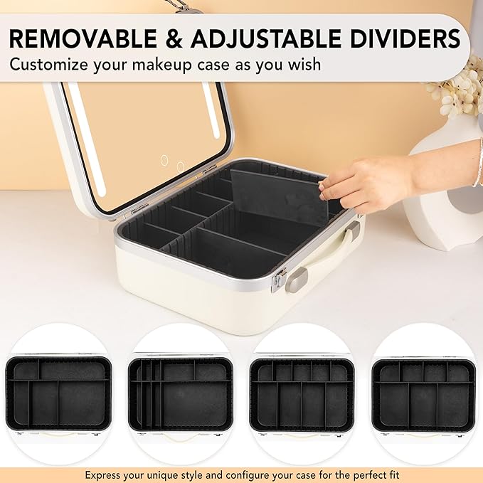 Lighted Makeup Case with Mirror - Large Size 13.4" x 10.2" - Travel Makeup Case With Mirror - Rechargeable LED Travel Vanity Case with Adjustable Brightness - Train Case Makeup Bag - White